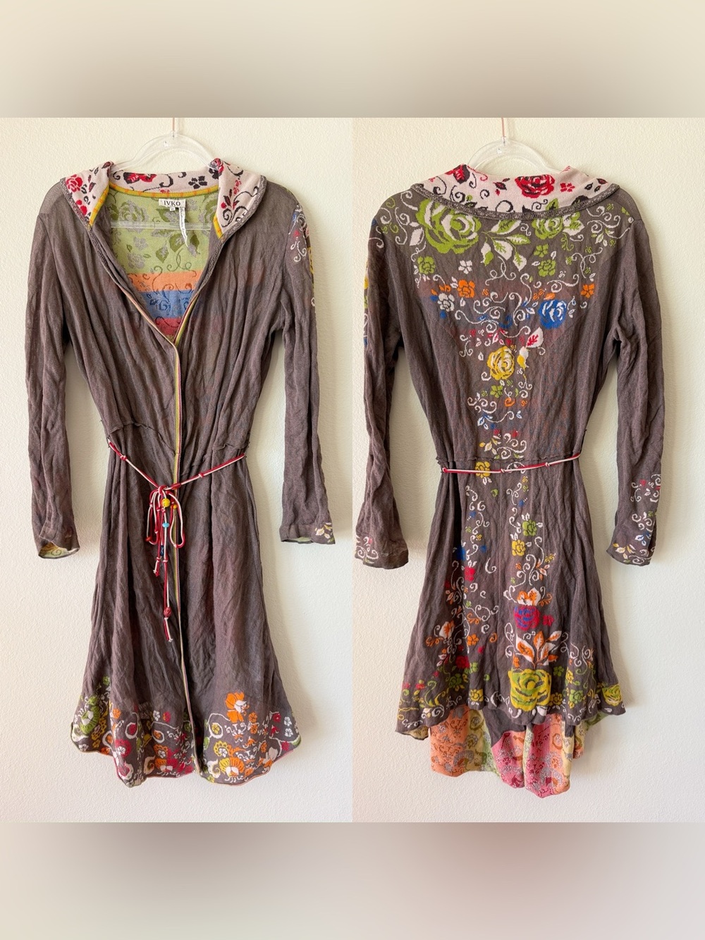 IVKO Woman Hooded Floral Jacquard Knit Cardigan Duster Coat Belted Boho